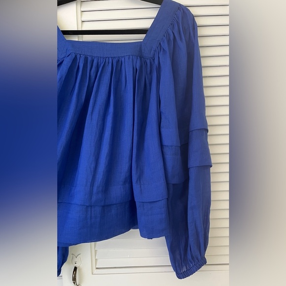 Banana Republic Semi-Sheer Square Neck Ramie Blouse Balloon Sleeves in Blue XS - Picture 5 of 13